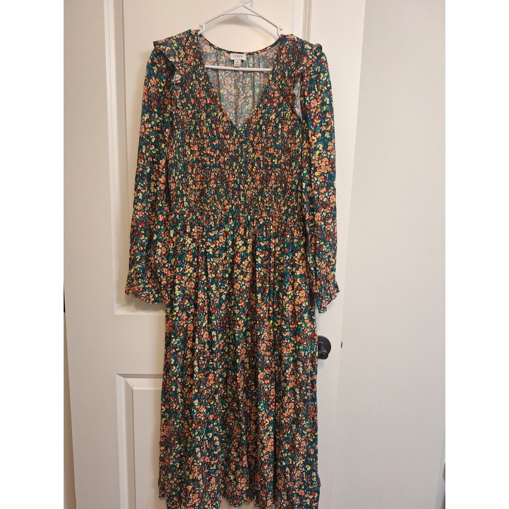 J.Crew Midi Dress Womens Medium Floral Smocked Long Sleeve Excellent Cottagecore